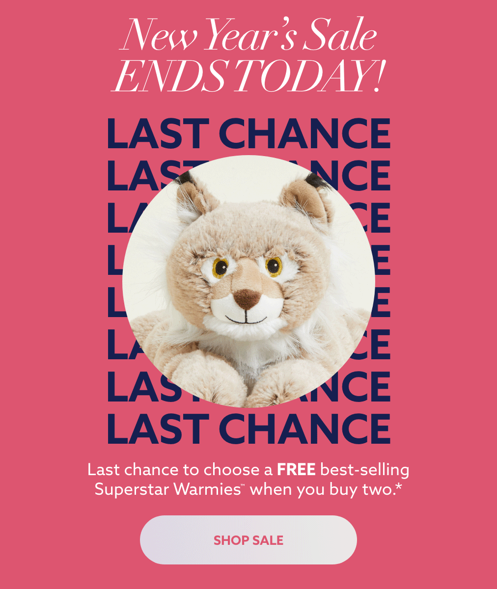 An animation cycling through some Superstar Collection Warmies on a pink background. Shop New Year's Sale.