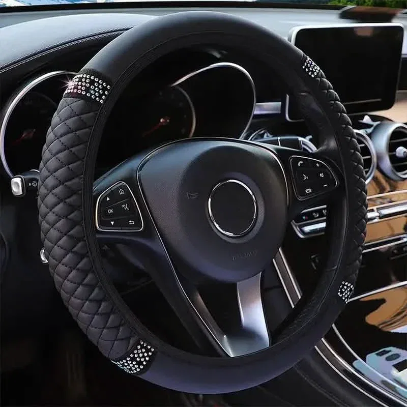Image of Bling Soft Leather Car Steering Wheel Cover Non-Slip Heat And Cold Protector
