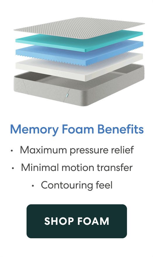 Memory Foam Benefits: Maximum pressure relief | Minimal motion transfer | Contouring feel