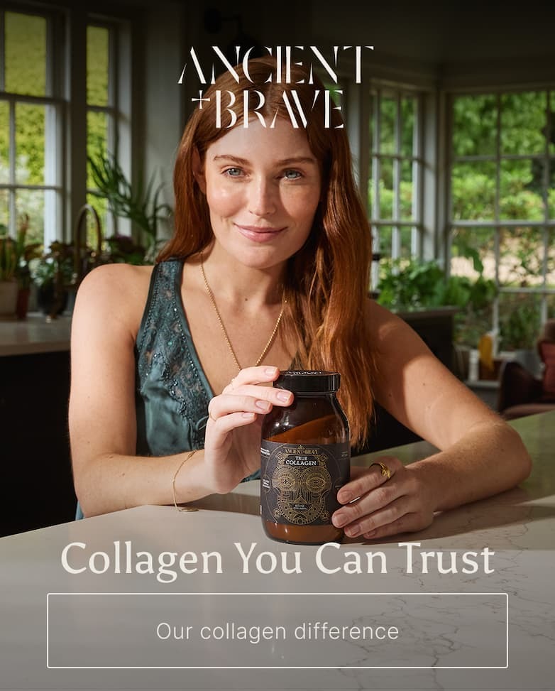 A smiling woman leans on a countertop, holding a jar of Ancient + Brave True Collagen. The text 'Collagen you can trust' appears overlaid.