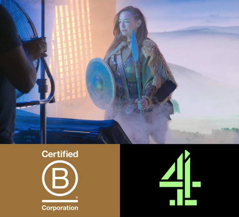 Behind the scenes of our advert shoot, showing the casted actress in costume. The B Corp logo and Channel 4 logo overlay.