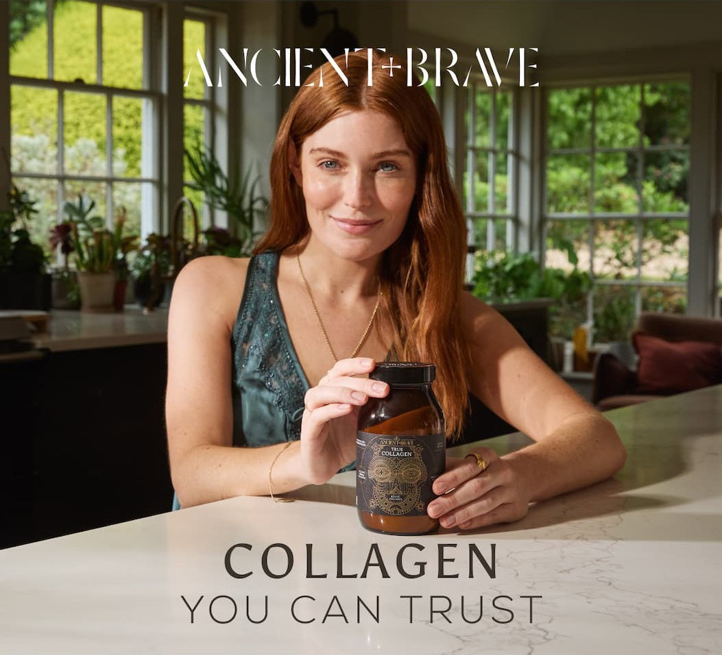 A smiling woman leans on a countertop, holding a jar of Ancient + Brave True Collagen. The text 'Collagen you can trust' appears overlaid.