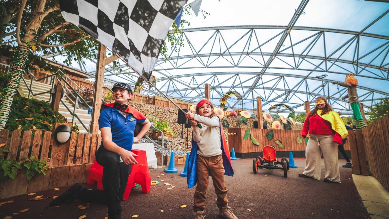 entertainer with daughter and mother at wacky racers