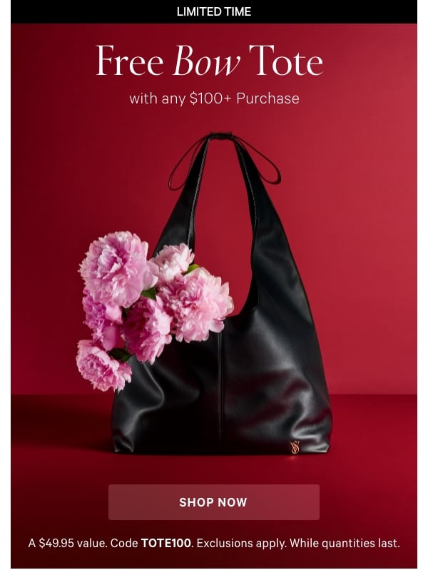 Limited Time Free Bow Tote with any $100+ Purchase A $49.95 value. Code TOTE100. Exclusions apply. While quantities last.  Shop Now > 