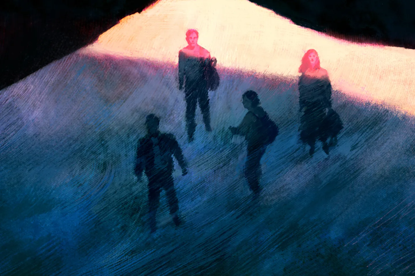 Blurry figures of people in an illustration.