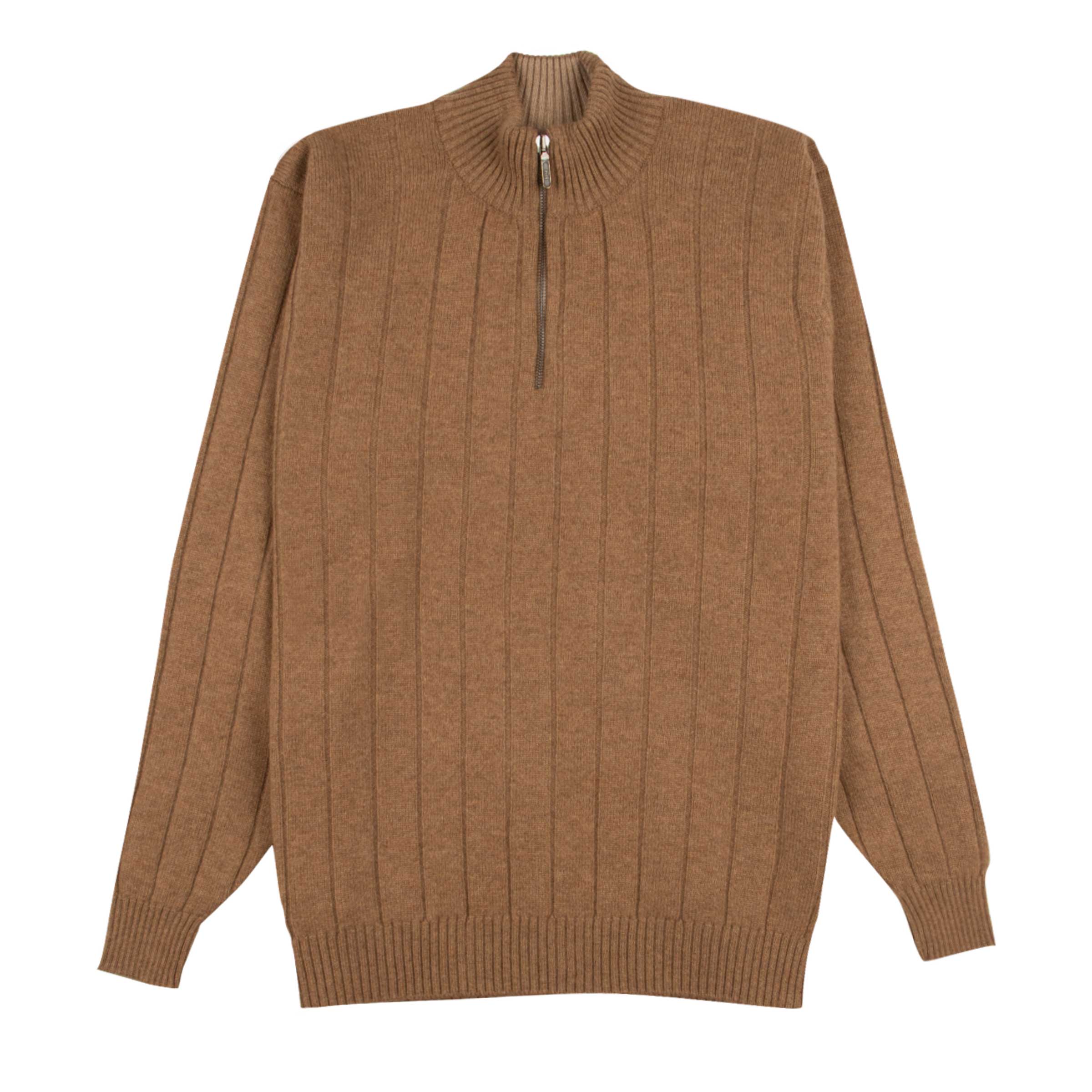 Image of Robert Old - The Wellington Cashmere Ribbed Zip Neck Sweater - Caramel / Llama
