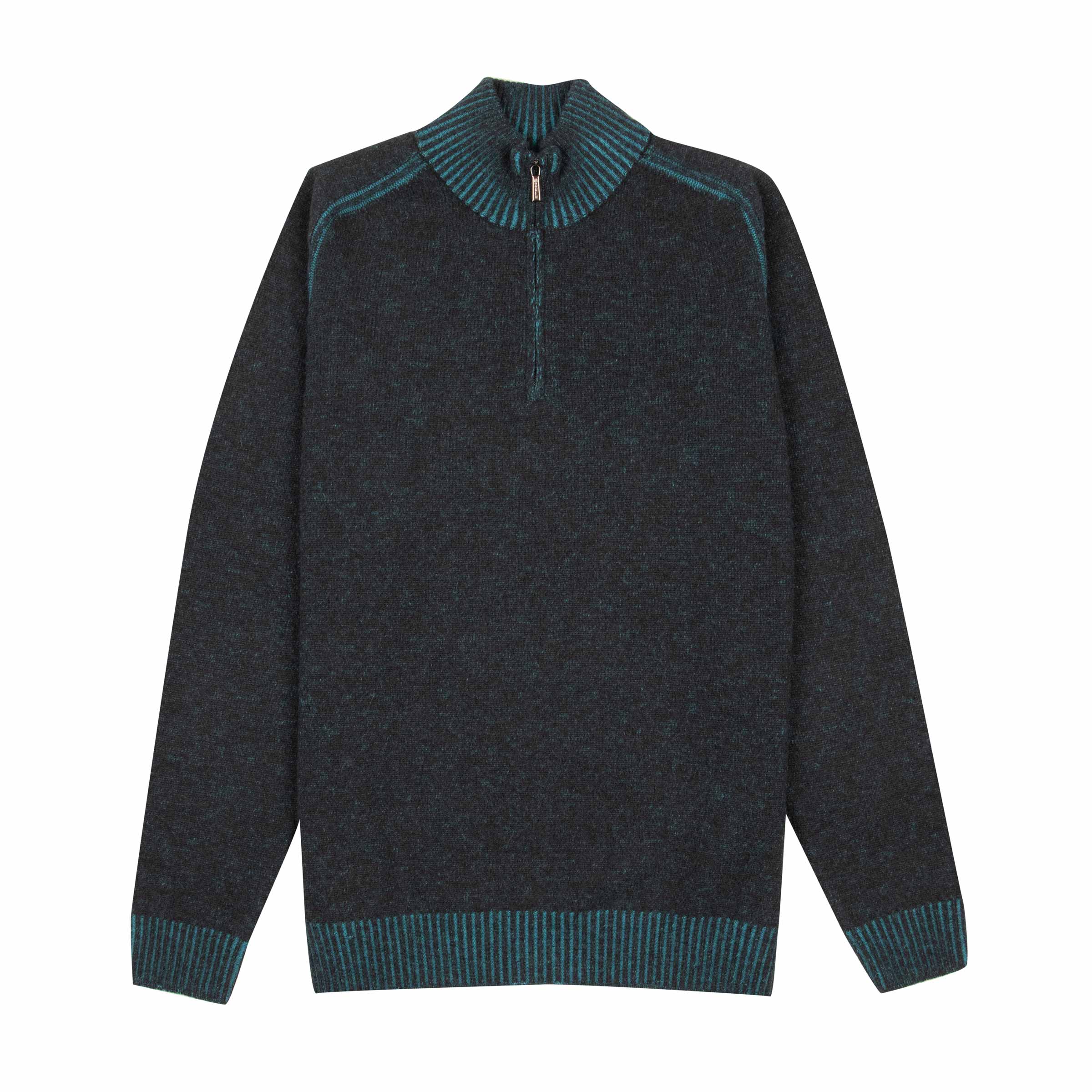 Image of Moorer - Teal & Nero Black ‘Fedro’ Knit Zip Neck Virgin Wool Sweater