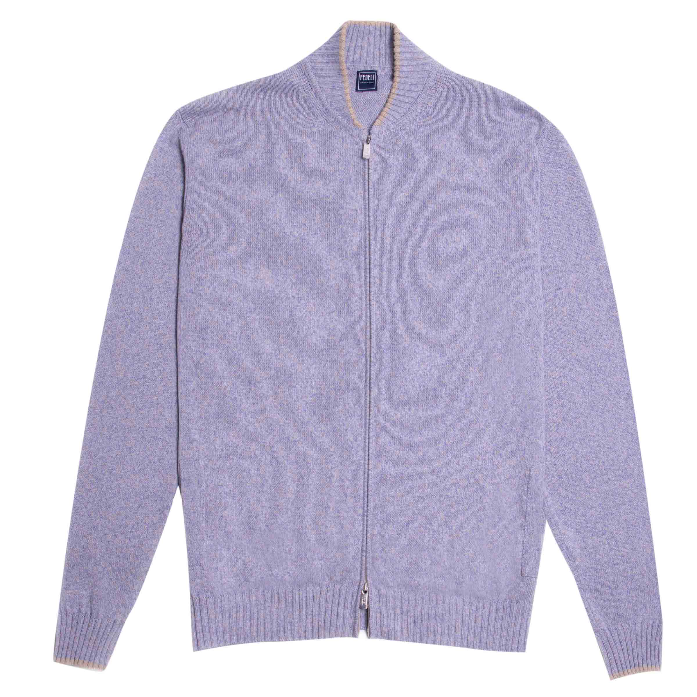 Image of Fedeli - Lilac Marl 'Carpera' Zip-Through Cotton & Linen Sweater