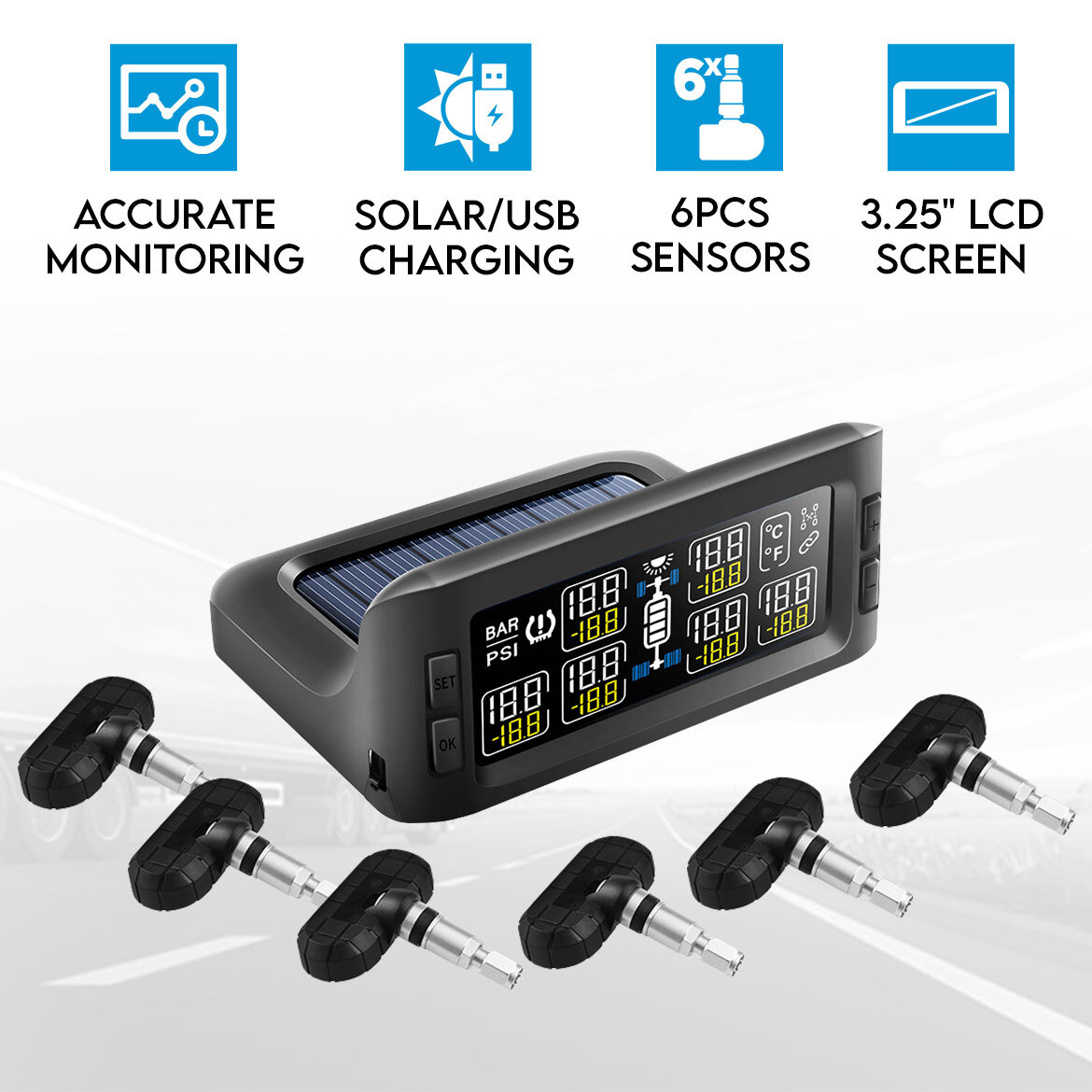 Elinz Solar Powered Tyre Pressure Monitoring System Trailer Caravan TPMS 6 Internal Sensors
