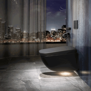 A matte black NEOREST WX1 Wall-Hung Bidet Toilet in a modern, masculine bathroom overlooking a city skyline