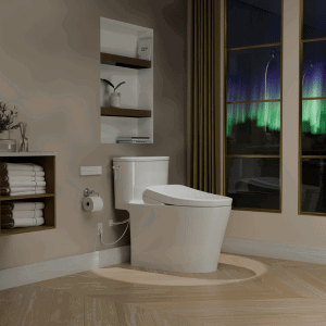 An AURORA WASHLET+ One-Piece Toilet with INTEGRAVITY SYSTEM™ in a warmly lit bathroom with northern lights visible through the window