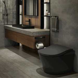 A matte black NEOREST LS Smart Bidet Toilet in a modern bathroom featuring a matte black rectangle lavatory, faucet, and hand shower