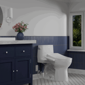 An ULTRAMAX WASHLET+ One-Piece Toilet in a modern farmhouse bathroom decorated with navy blue accents