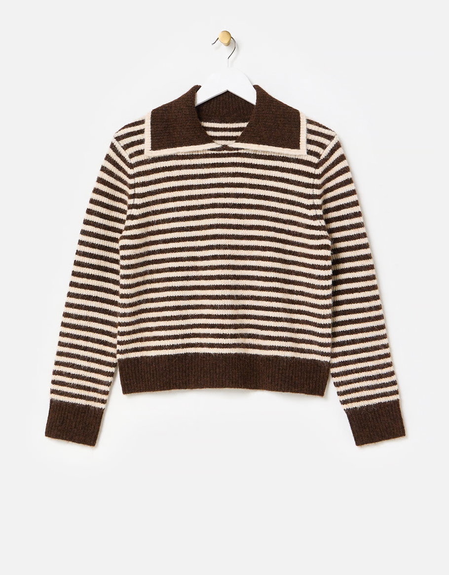 Chocolate Brown & Cream Striped Collared Knitted Jumper
