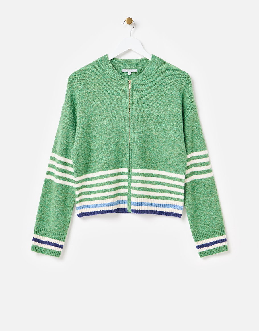 Green & Cream Striped Zip Up Knitted Bomber Jacket