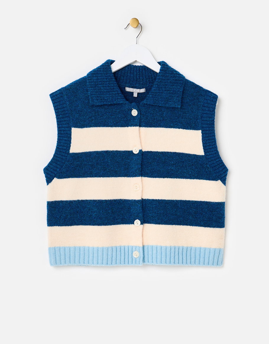 Blue & Cream Striped Collared Knitted Waistcoat