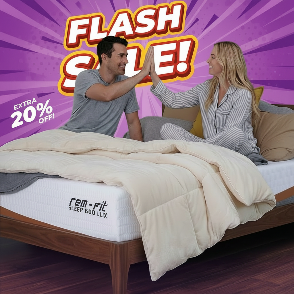 an image of a man and woman sitting on a bed with a flash sale sign
