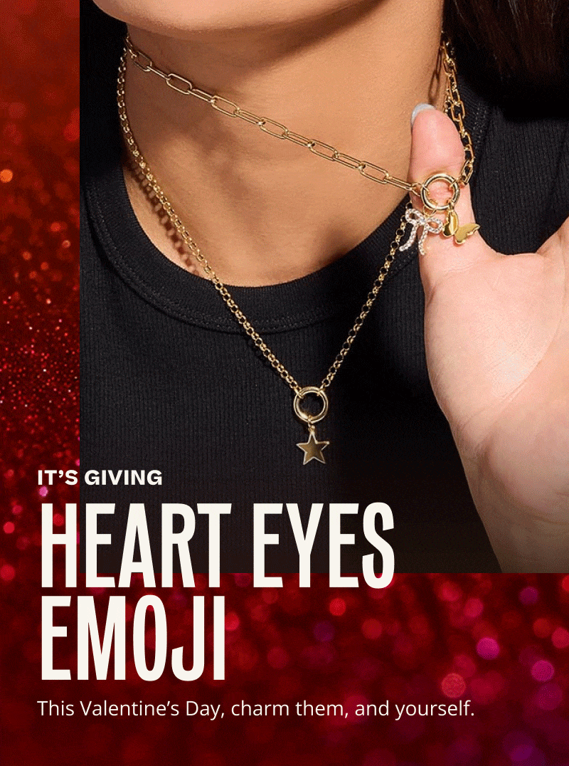 Rotating images of models wearing gold chain necklaces with unique charms. Giving: heart eyes emoji. Charm them & yourself.