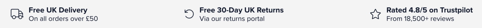 Free uk delivery on all orders over £50. Free 30-day UK returns, via returns portal. Rated 4.8/5 on trustpilot, from 18,500+ reviews