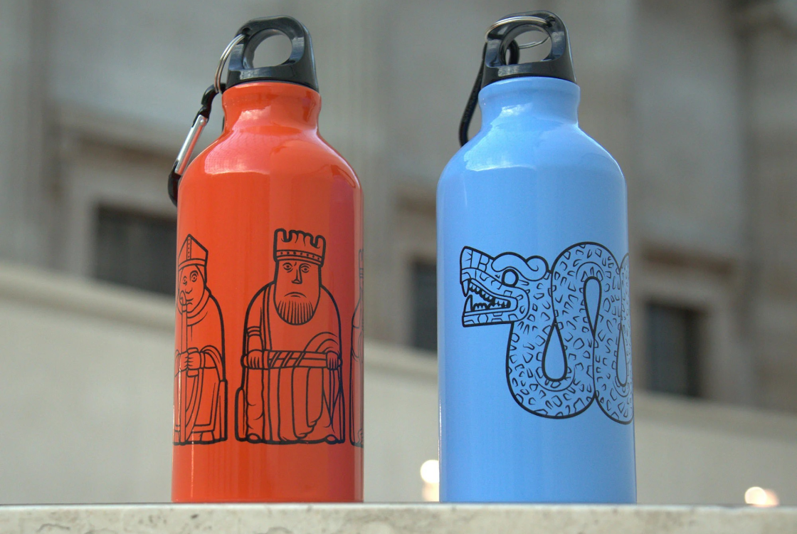 A red and blue water bottle. 
