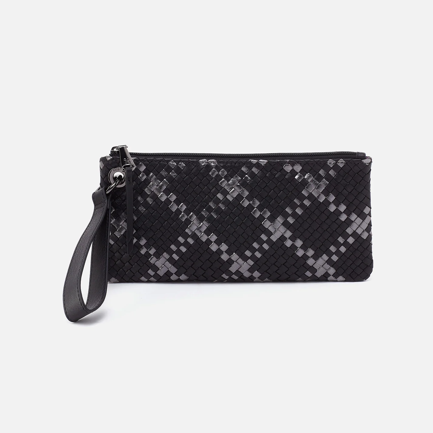 Image of Vida Wristlet In Woven Leather - Black Metallic Woven
