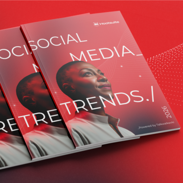 Cover of the 'Social Media Trends 2026' report, featuring a woman looking up, with Hootsuite branding.