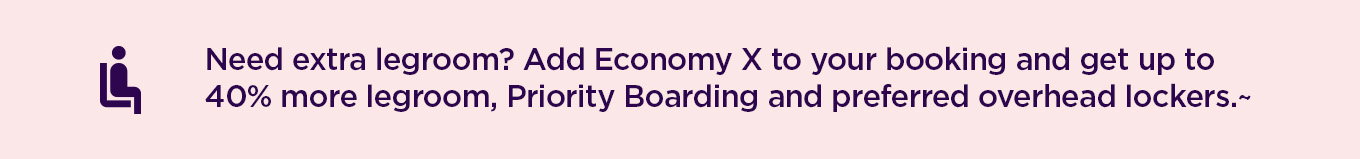 Need extra legroom? Add Economy X to your booking and get up to 40% more legroom, Priority Boarding and preferred overhead lockers~