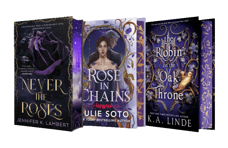 Sprayed-edge fantasy novels at Book Outlet — Never the Roses, Rose in Chains, and The Robin on the Oak Throne.