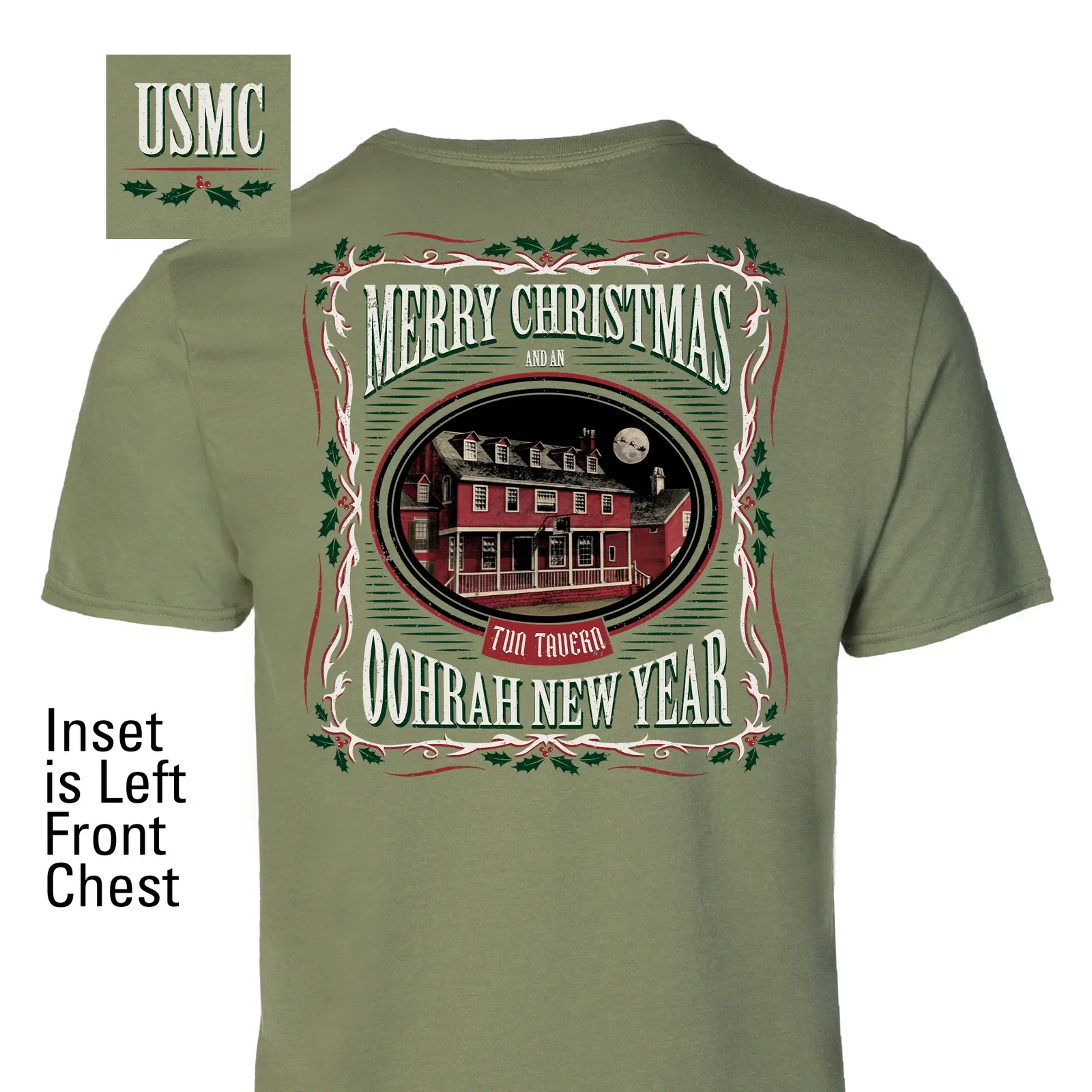 Image of USMC Tun Tavern Christmas T-Shirt Back Design- OD Green (Copy)