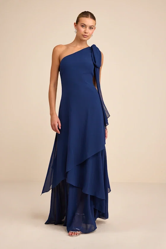 Image of Camellia Dark Blue One-Shoulder Bow Maxi Dress
