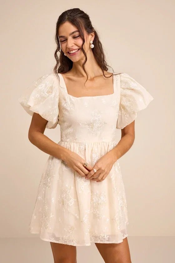 Image of Cathaysa Cream Embroidered Puff Sleeve Bow Mini Dress