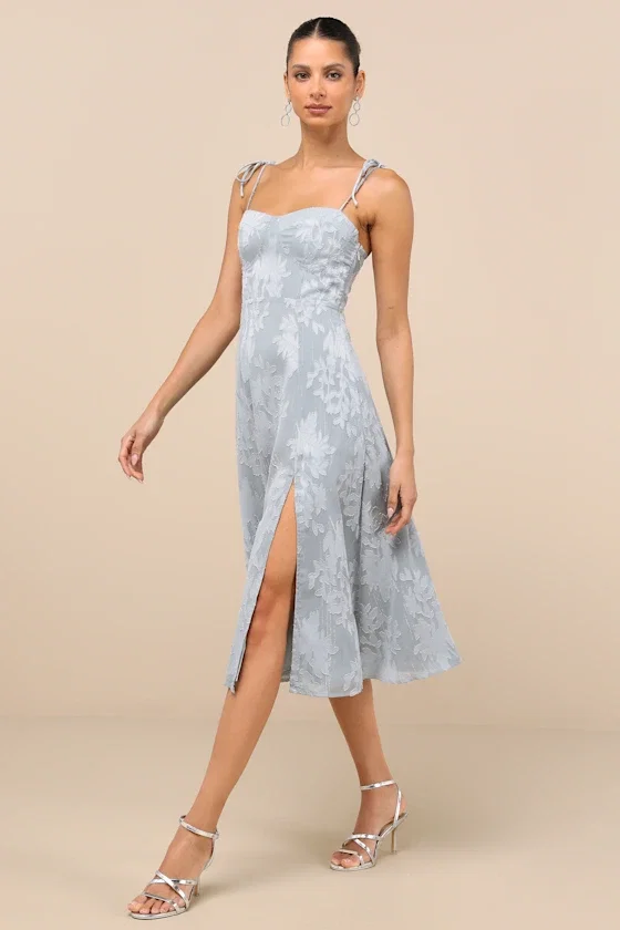 Image of Loveliest Looks Dusty Blue Floral Jacquard Tie-Strap Midi Dress