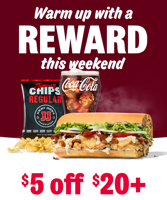 Headline: $5 off $20+ Warm up with a REWARD this weekend