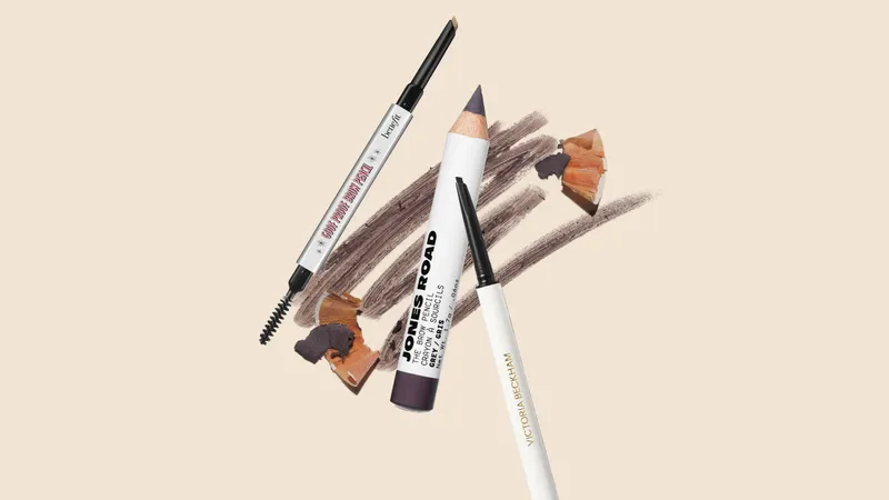 Image contains a collage of eyebrow pencils for gray hair on a beige background