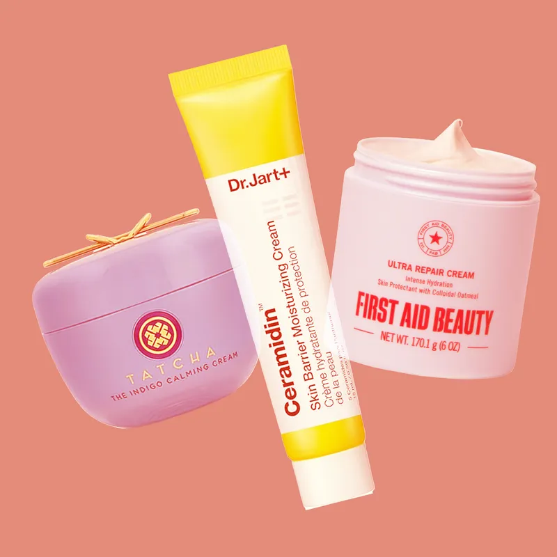 Image contains a collage of eczema creams on a pink background