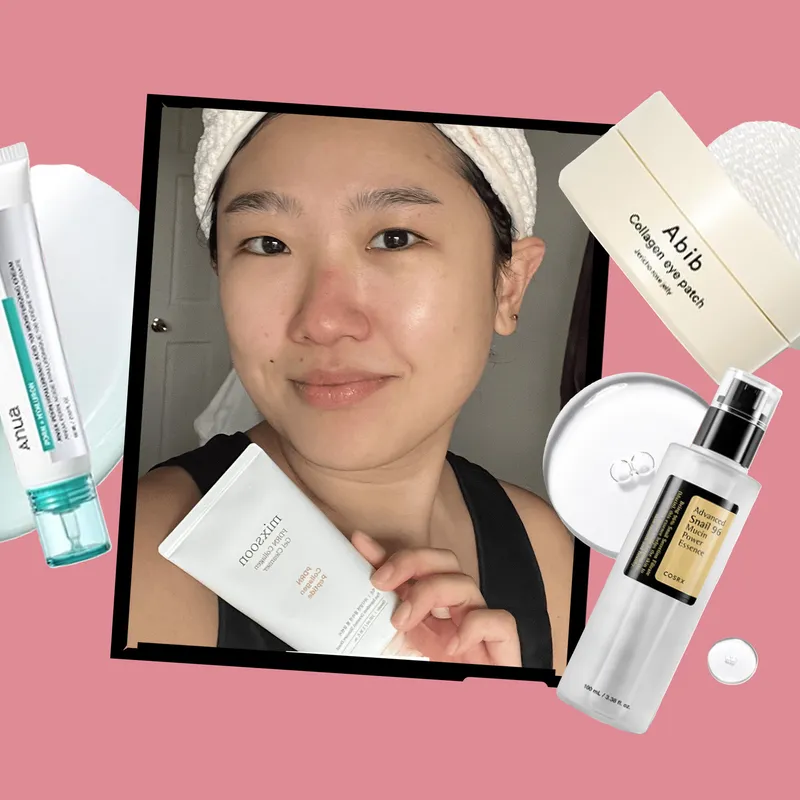 A collage of a photo of a woman holding a skin-care product and surrounded by other skin-care products