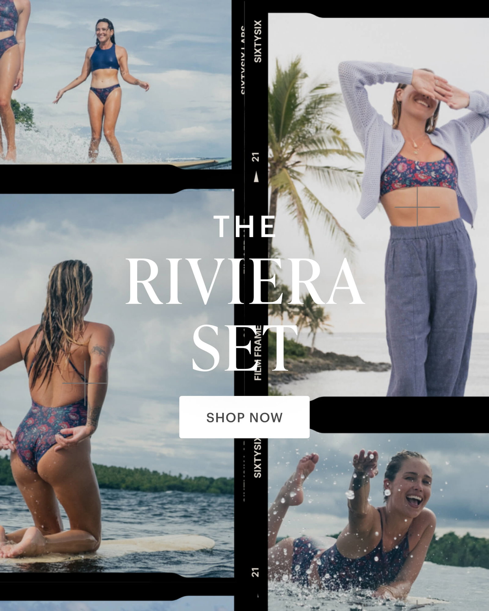 Film collage of women surfing in floral suits. 