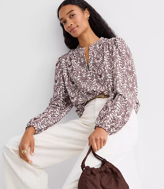 Lace Garden Crinkle Knit Split Neck Blouse