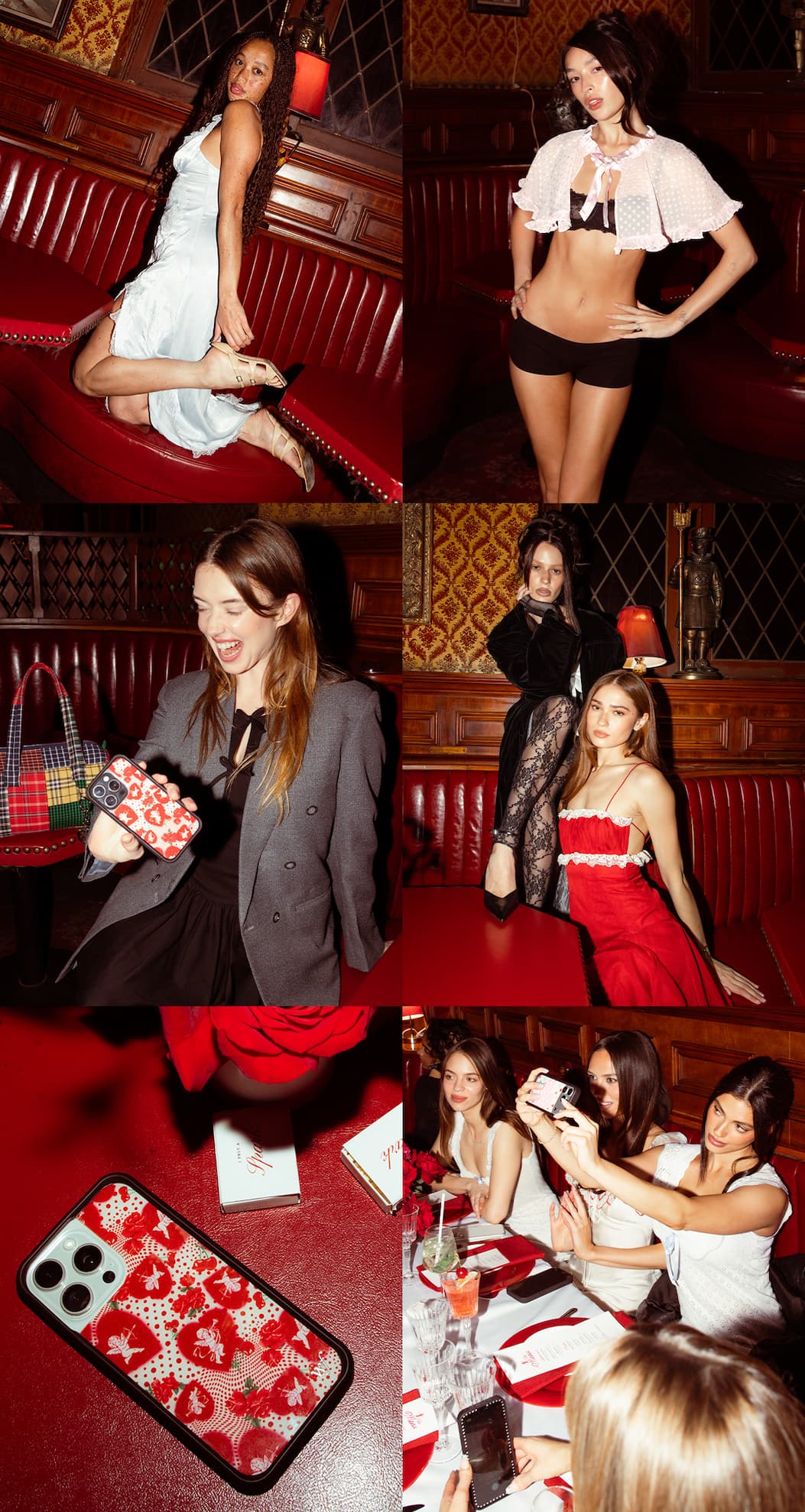 Collage of women at a candlelit dinner party in a vintage red-leather booth, featuring the Cupid Dot Wildflower phone case