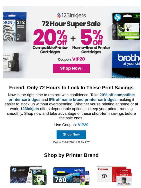123inkjets: 72-Hour Ink Steal: 20% Off 🛒 | Milled