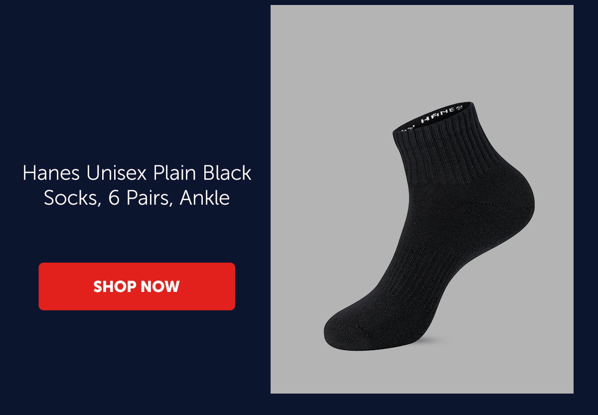 Hanes Unisex Plain Black Socks, 6 Pairs, Ankle