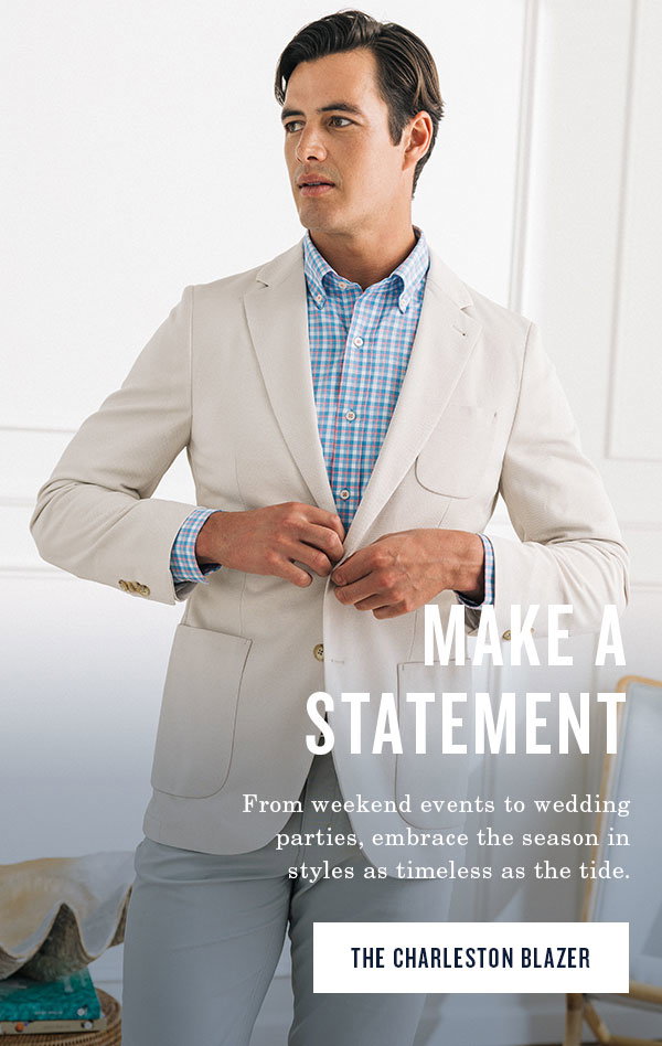 Man in cream colored blazer and plaid sport shirt. Make a statement. From weekend events to wedding parties, embrace the season in styles as timeless as the tide. The Charleston Blazer.