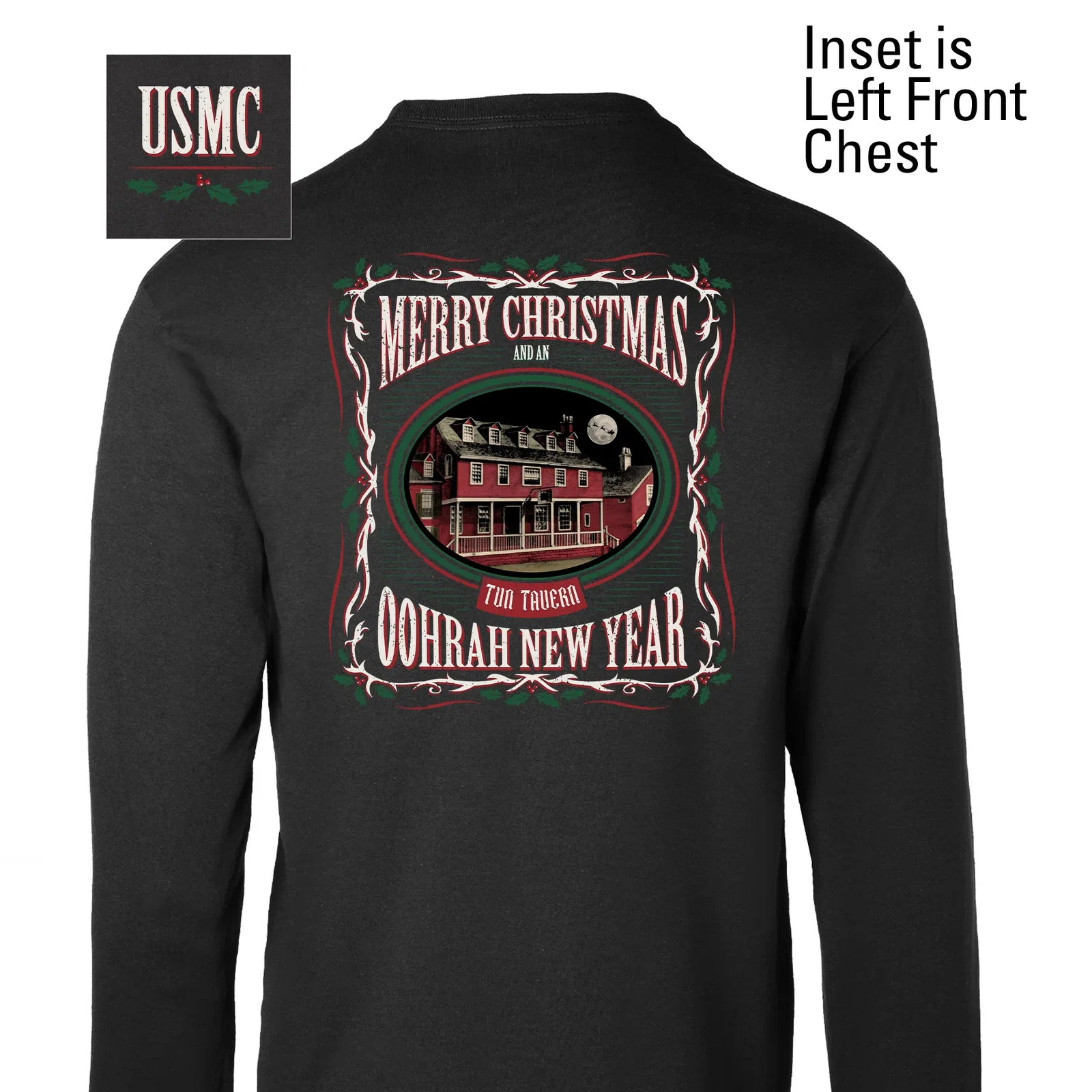 Image of USMC Tun Tavern Christmas Long Sleeve T-Shirt Back Design- Black