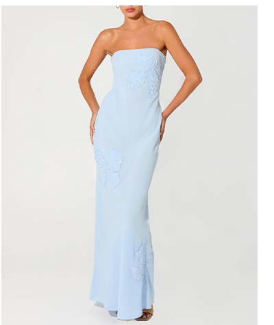 Sassafras Beaded Flower Strapless Maxi Dress — Blue
