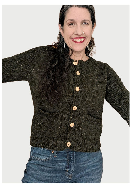A model wearing a handmade cardigan