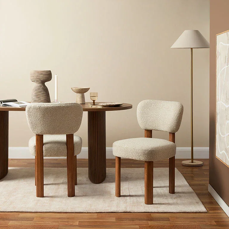 Image of Coco Boucle Dining Chair - Set of 2 - Cream/Walnut
