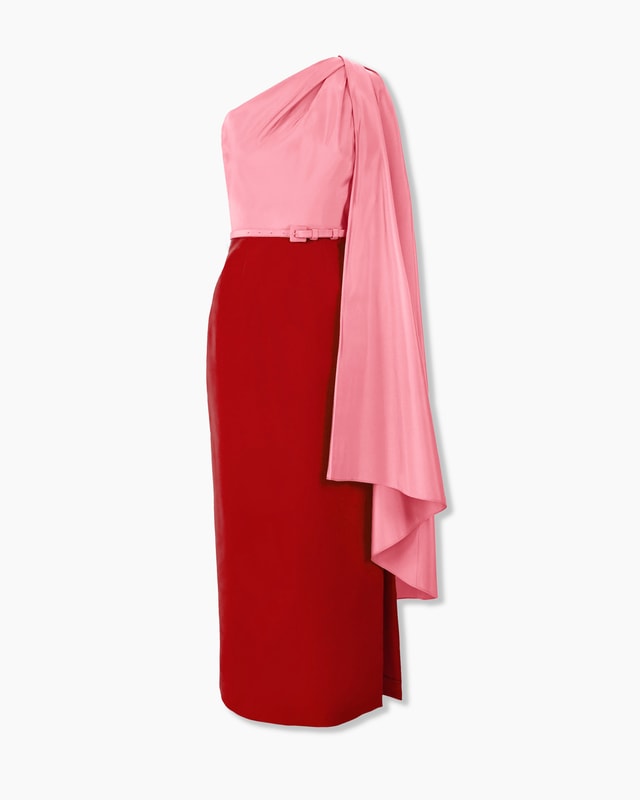 Color-Blocked Midi Dress with Detachable Cape