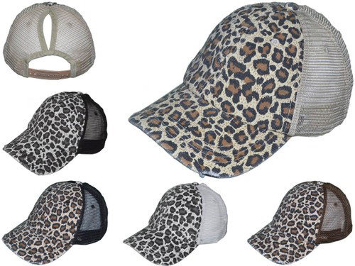 Leopard Ponytail Trucker Hats - Soft Unstructured Vintage Distressed Washed Animal Print Messy High Bun Ladies BK Caps - 5256