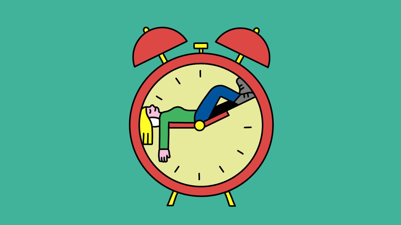 An illustration of an alarm clock. A person is sleeping inside it, resting on the hands. 