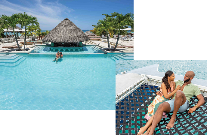 a couple sitting in a pool